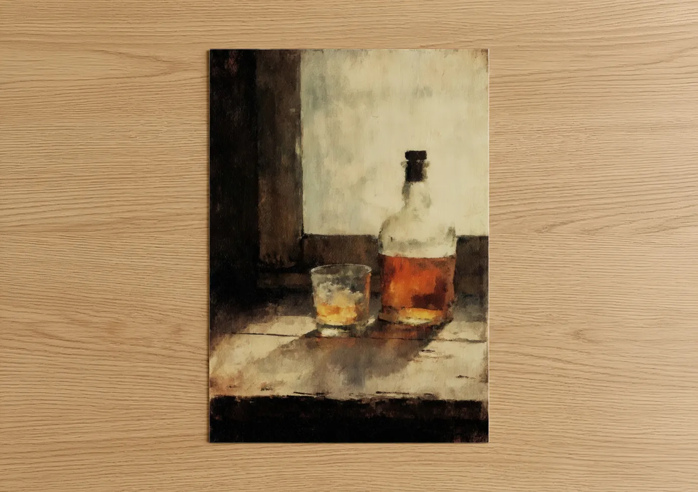 Art print on warm oak wood — brown and cream palette — Amber Whiskey poster