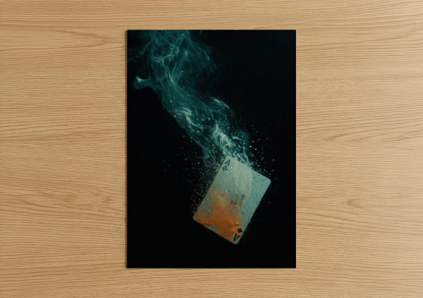 Card game art print on warm oak wood — teal and black palette — Ethereal Card Magic poster