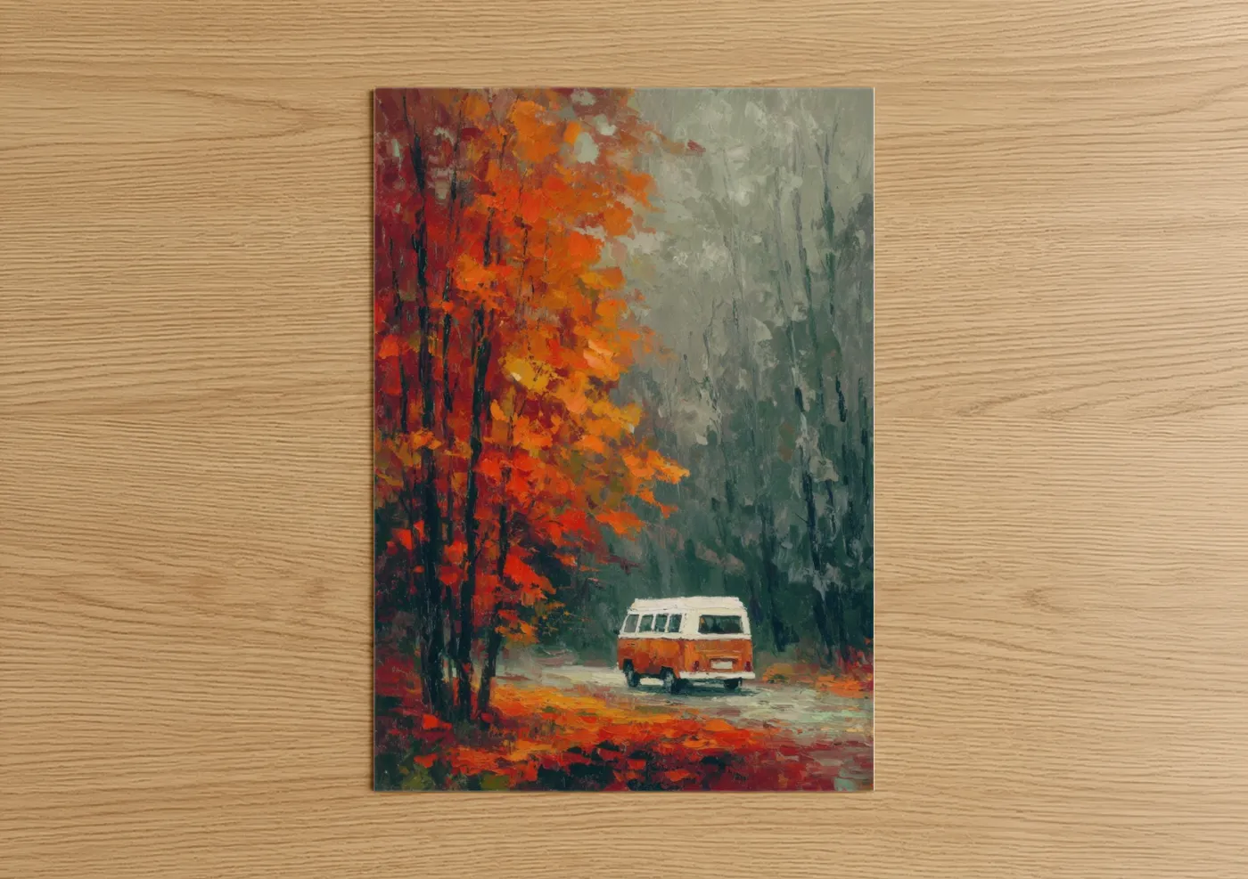 Vintage Van Autumn Forest Road Wall Art