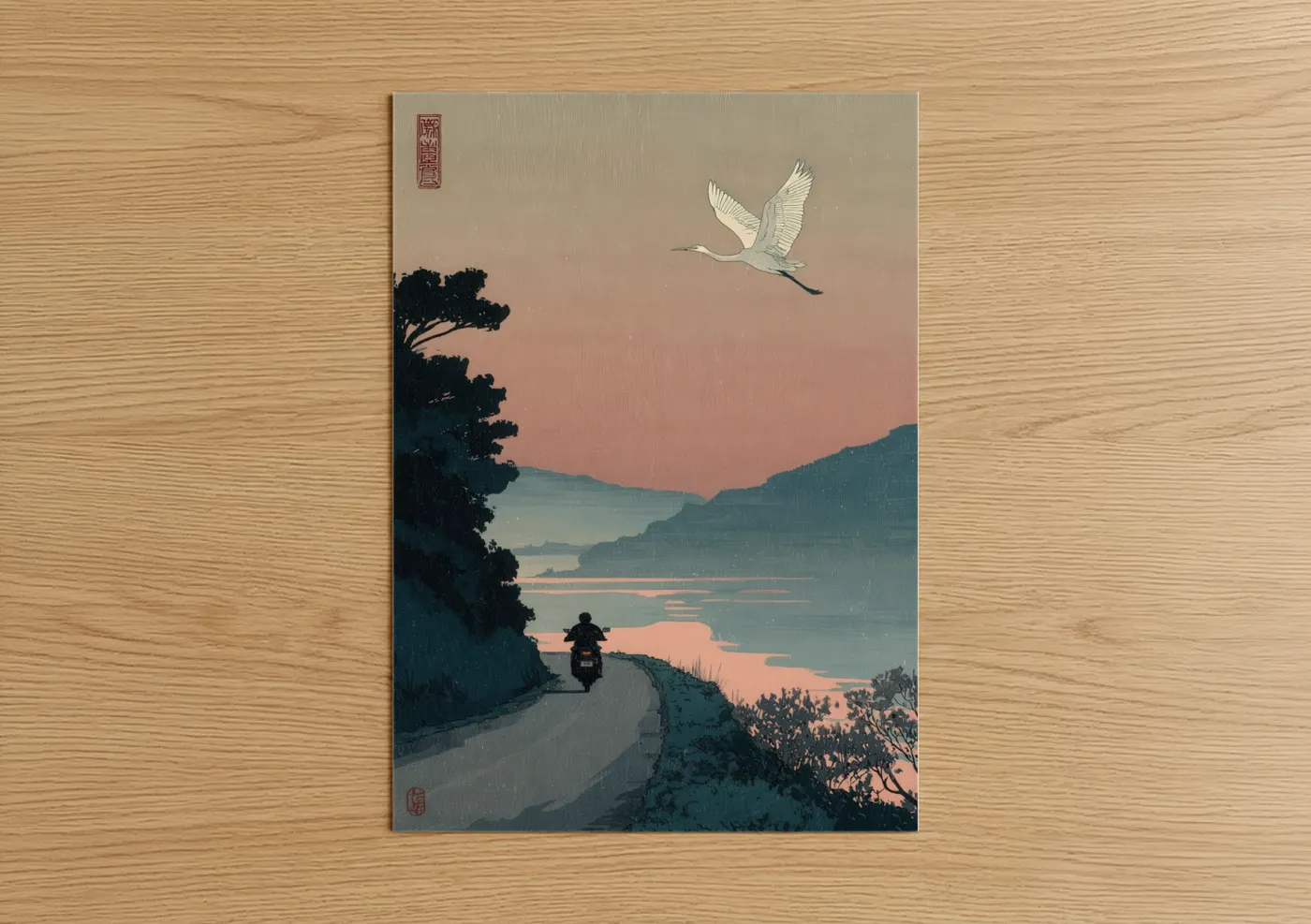 Art print on warm oak wood — peach and teal palette — Twilight Scooter poster