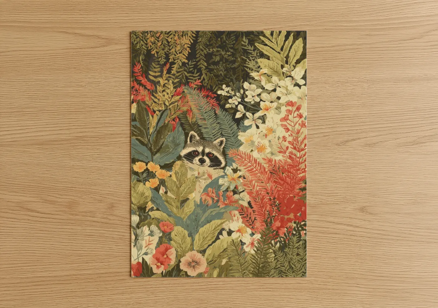Art print on warm oak wood — sage green and salmon pink palette — Garden Raccoon poster