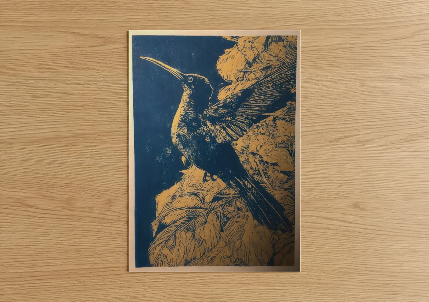 Golden Hummingbird Botanical Woodblock Wall Art