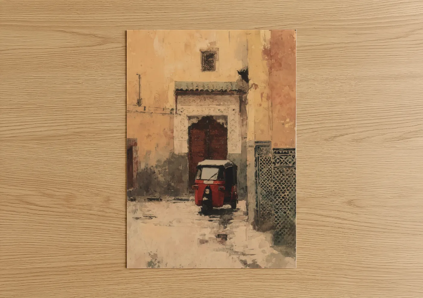 Art print on warm oak wood — gold palette — Red Rickshaw Alley poster