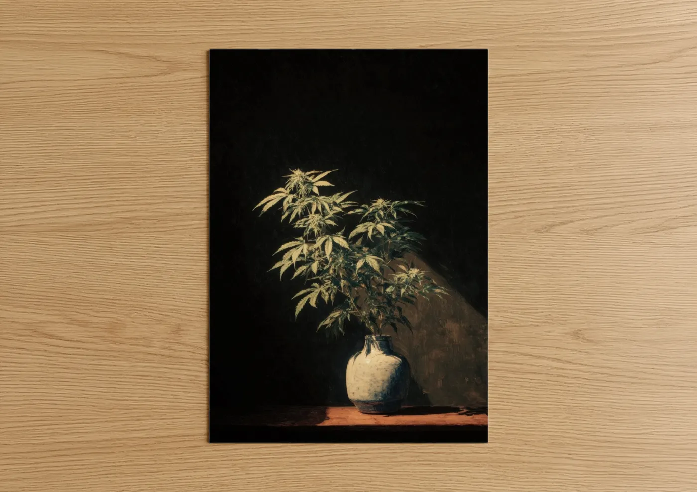 Marijuana art print on warm oak wood — gold and black palette — Golden Cannabis Vase poster