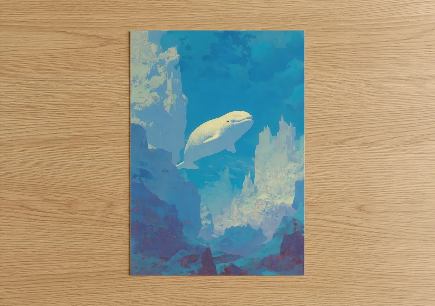 Art print on warm oak wood — blue and cream palette — Arctic Beluga Whale poster