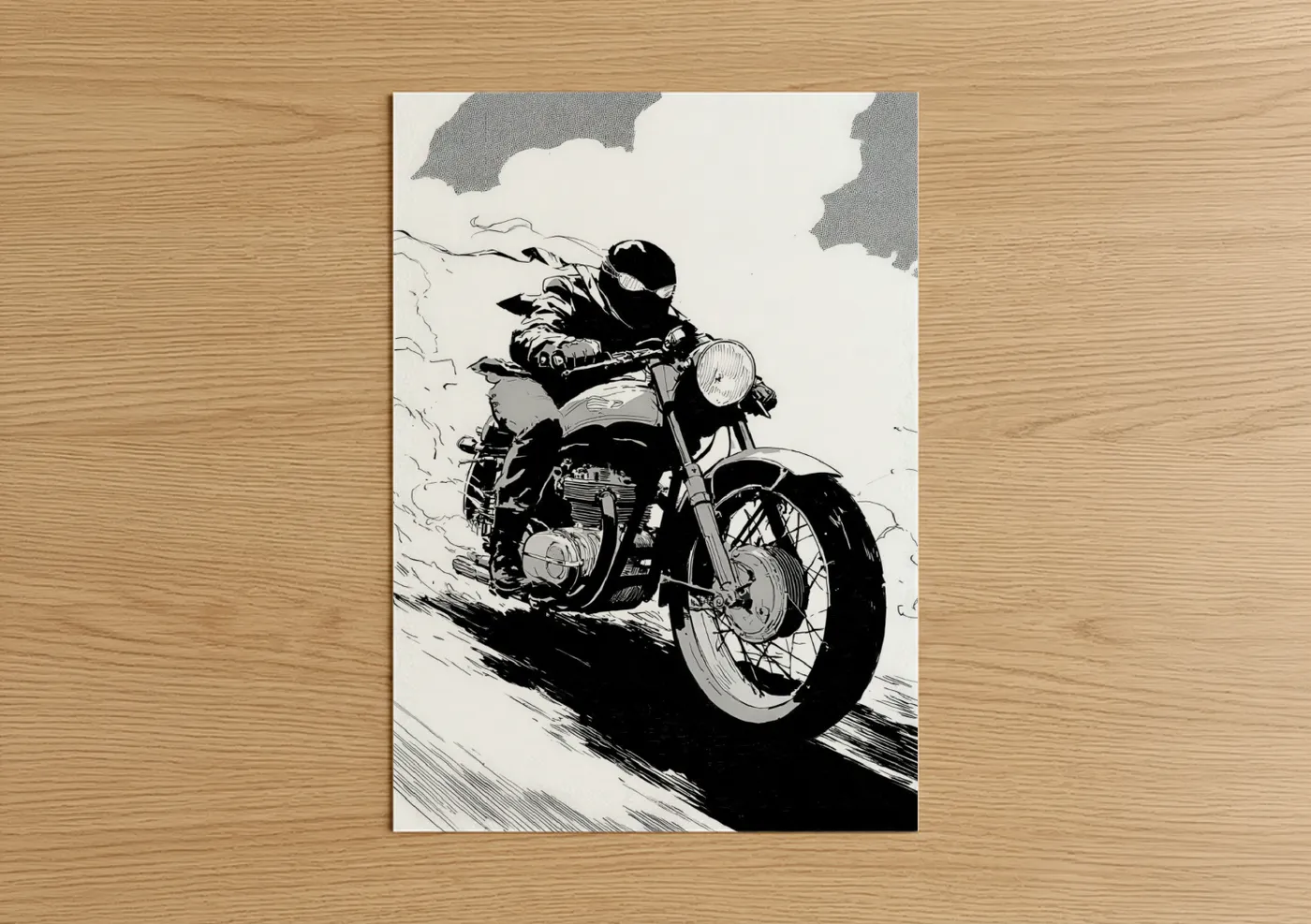 Art print on warm oak wood — black and white palette — Vintage Motorcycle Rider poster