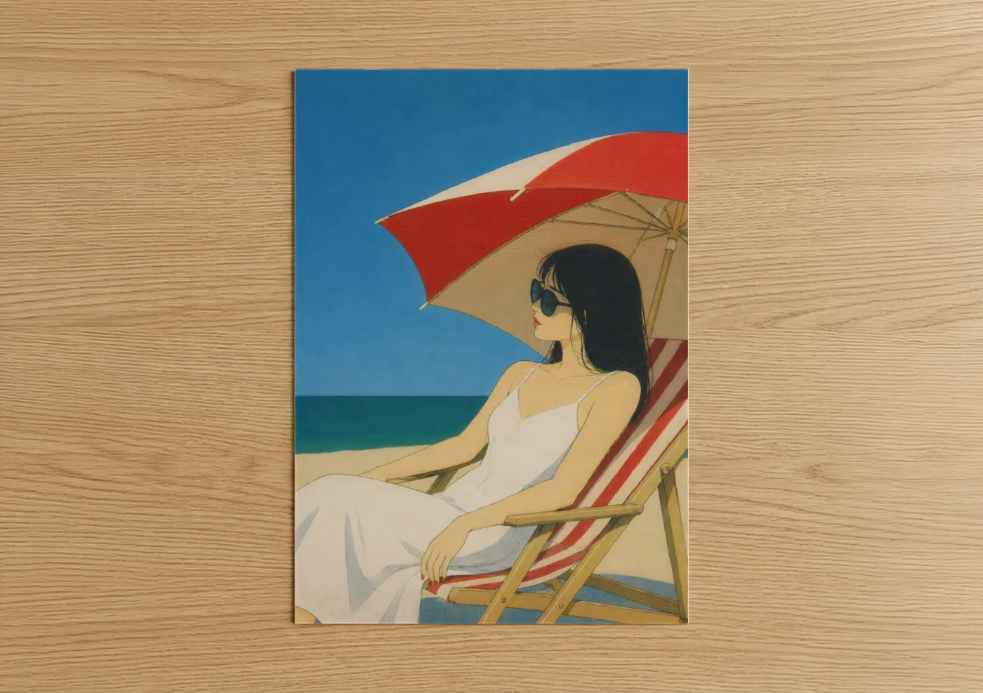 Art print on warm oak wood — blue and red palette — Beach Relaxation Scene Wall Art poster
