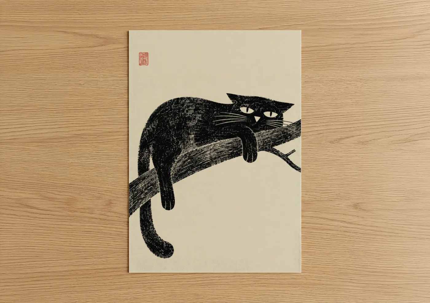 Art print on warm oak wood — black and white and beige palette — Black Cat on Branch Wall Art poster