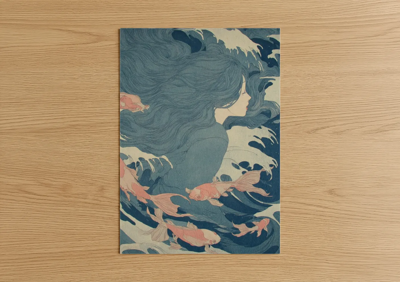 Mermaid Girl with Fish Japanese Wall Art