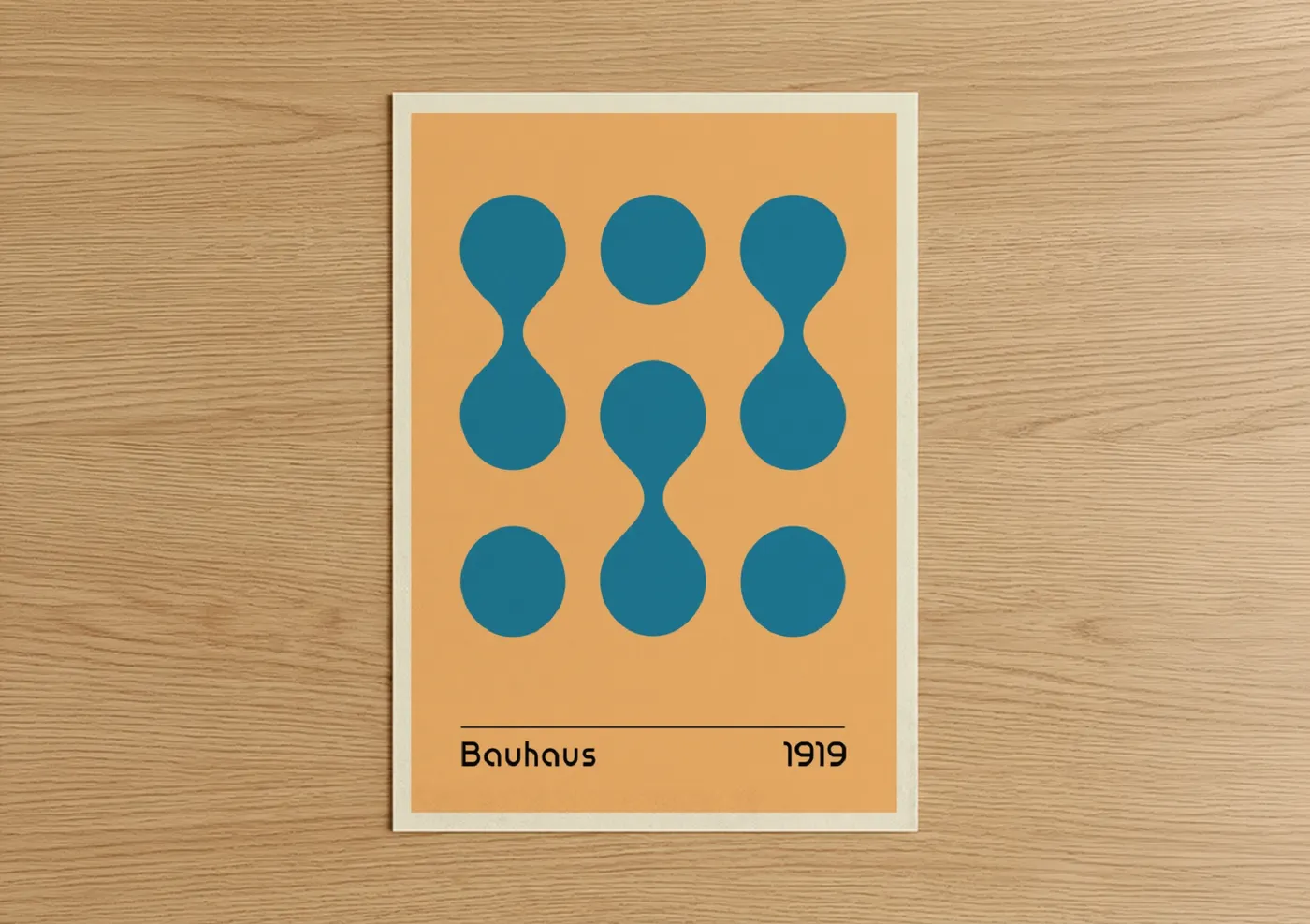 Abstract geometric art print on warm oak wood — peach and blue palette — Bauhaus Circles poster