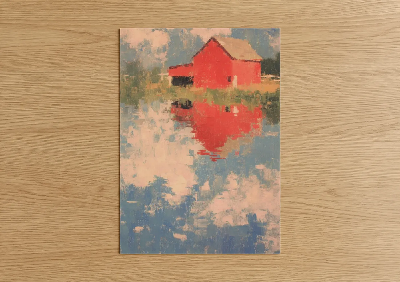 Red Barn Reflection Impressionist Wall Art