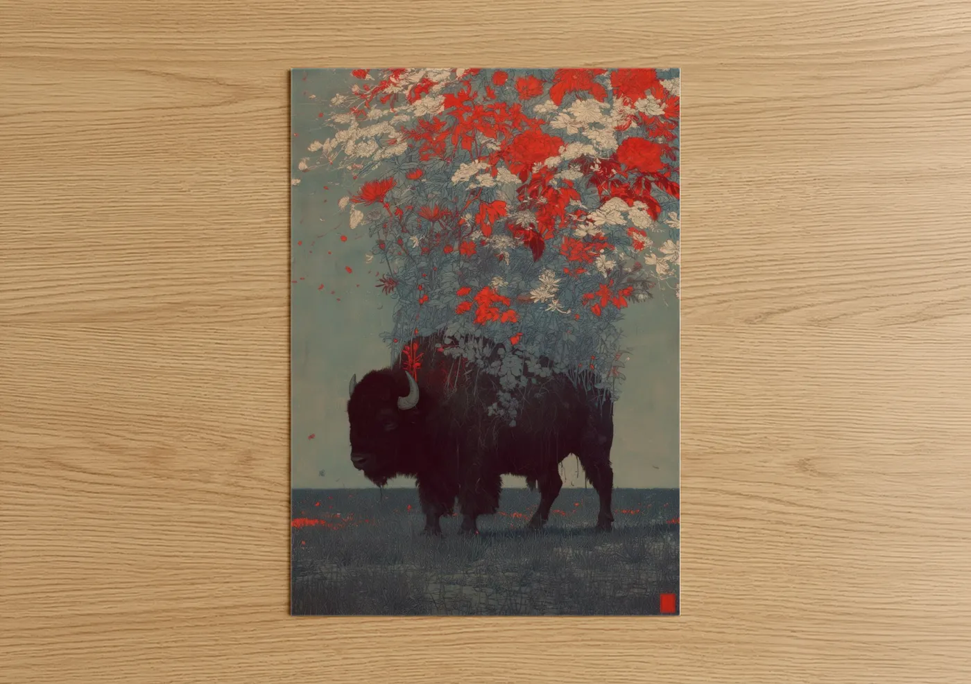 Art print on warm oak wood — red and gray palette — Autumn Bison poster