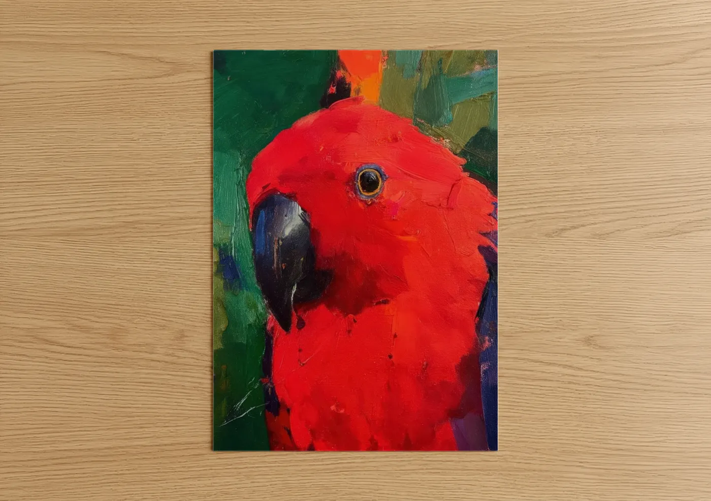 Safari parrots art print on warm oak wood — red and dark green palette — Scarlet Parrot Portrait poster