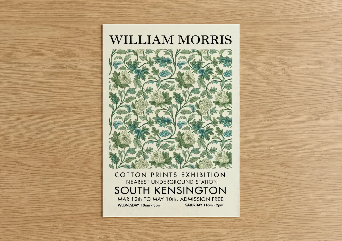 Abstract flower art print on warm oak wood — cream and sage green palette — Morris Floral Pattern poster
