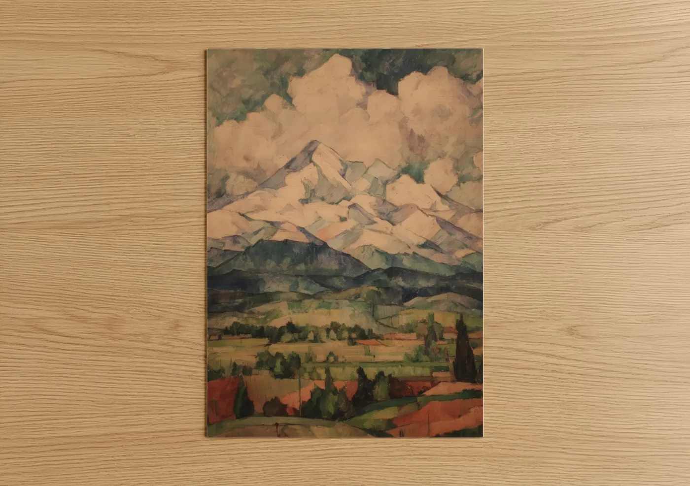 Snowy mountains art print on warm oak wood — cream and olive palette — Alpine Majesty poster