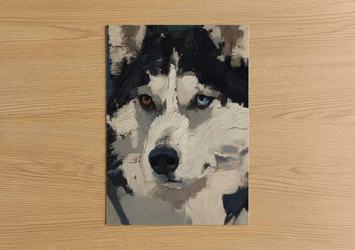Art print on warm oak wood — black and white and gold palette — Heterochromic Husky poster