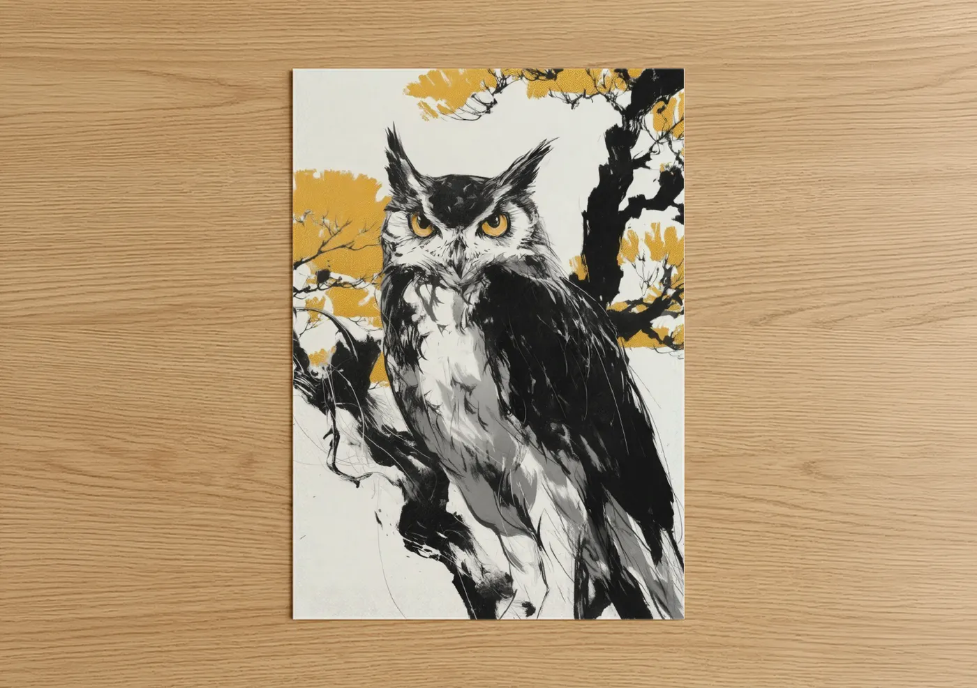 Art print on warm oak wood — black and white and gold palette — Golden-Eyed Owl poster