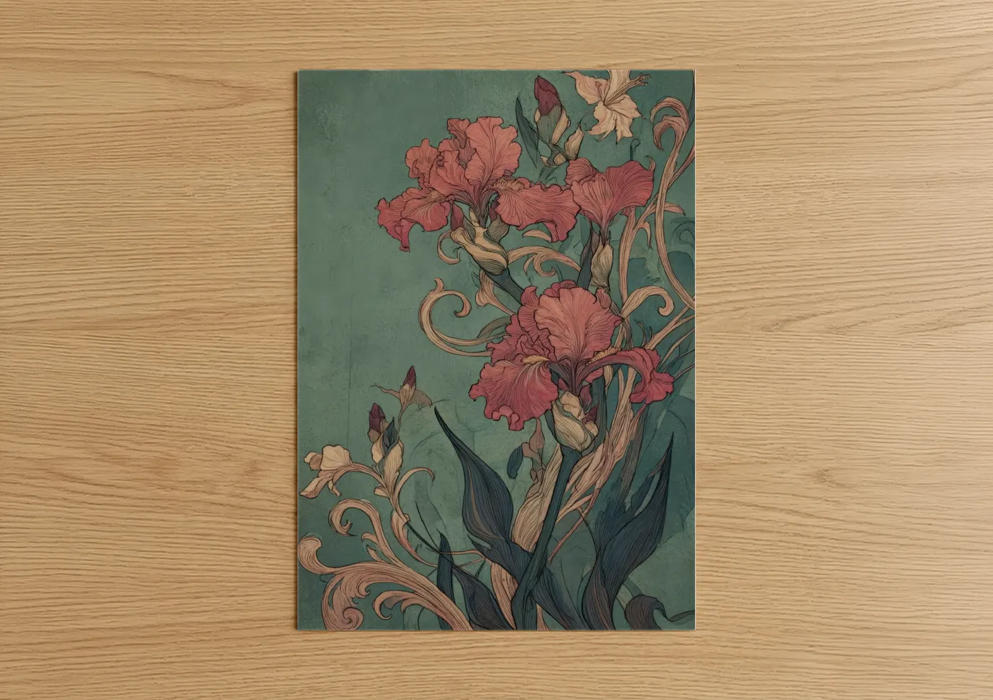 Art print on warm oak wood — sage green and rose gold palette — Crimson Iris Scroll poster