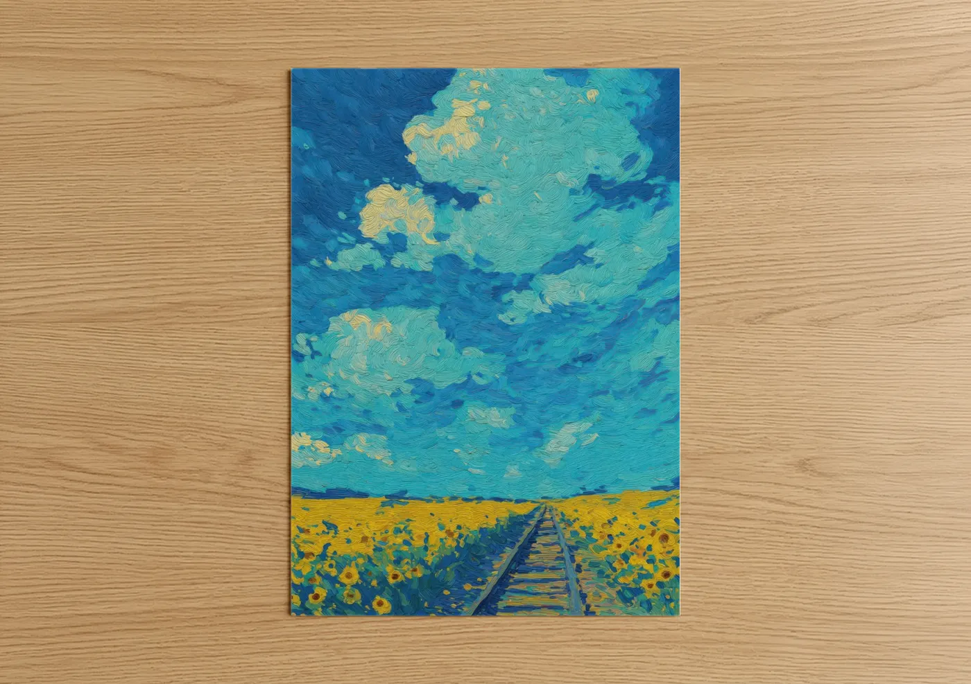 Train tracks art print on warm oak wood — blue and gold palette — Sunflower Rails poster