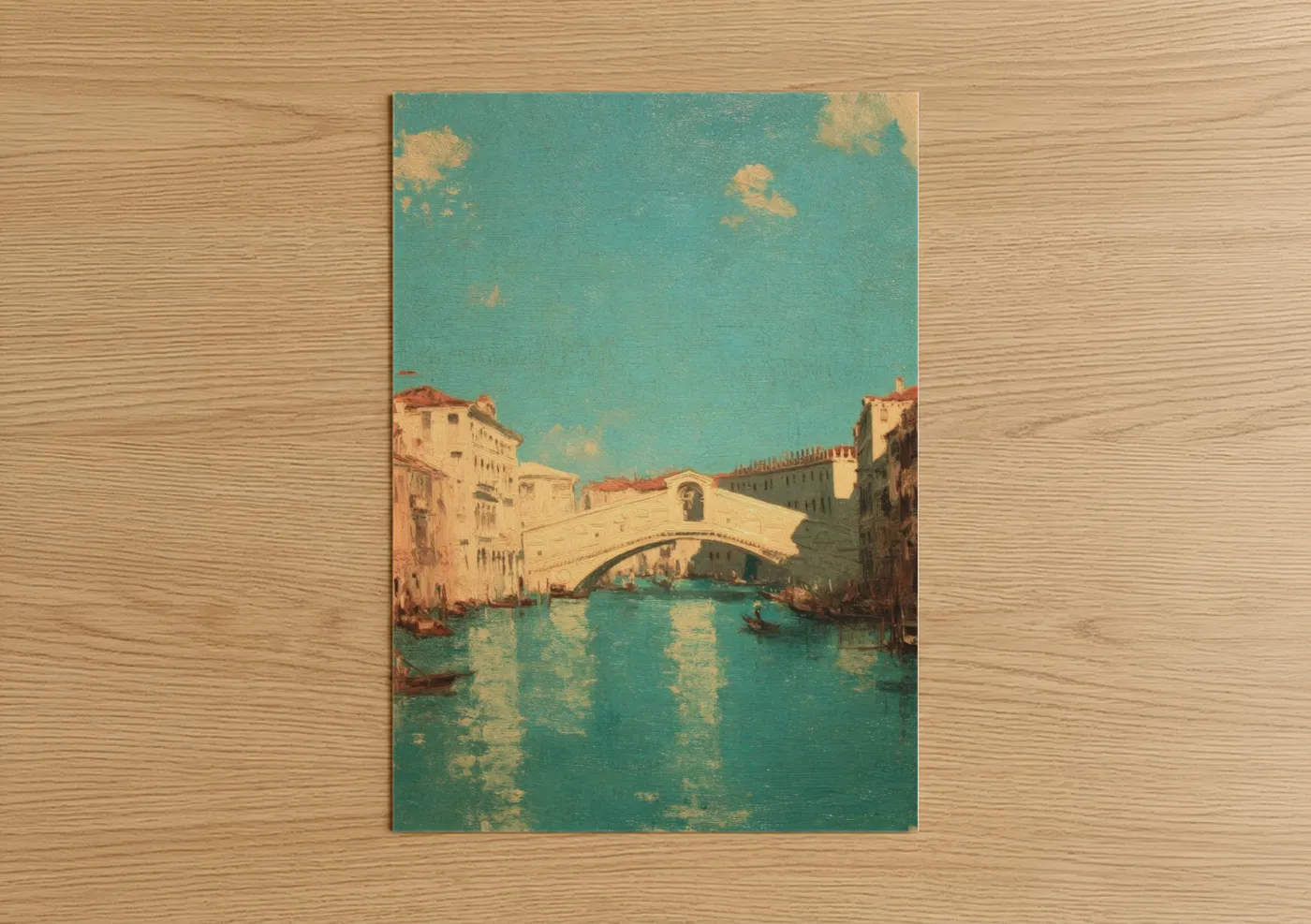 Bridges art print on warm oak wood — teal and gold palette — Rialto Bridge Venice poster