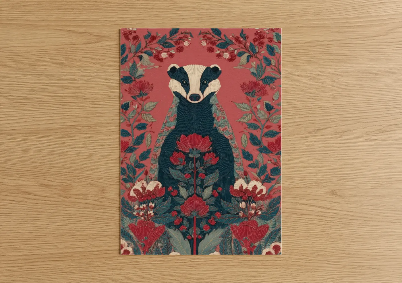 Crimson Badger Floral Wildlife Wall Art