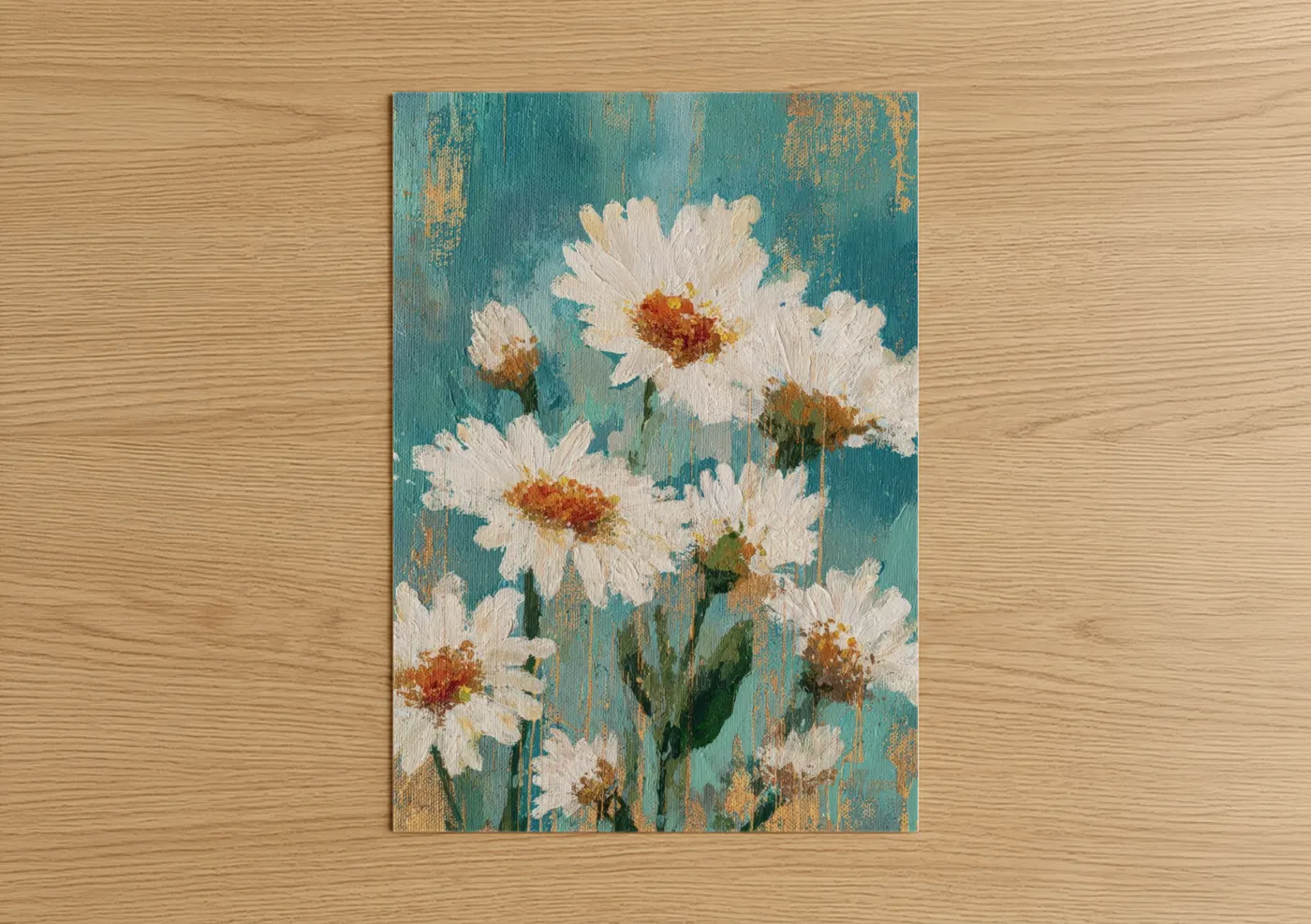 Cream Daisies Teal Vintage Floral Wall Art