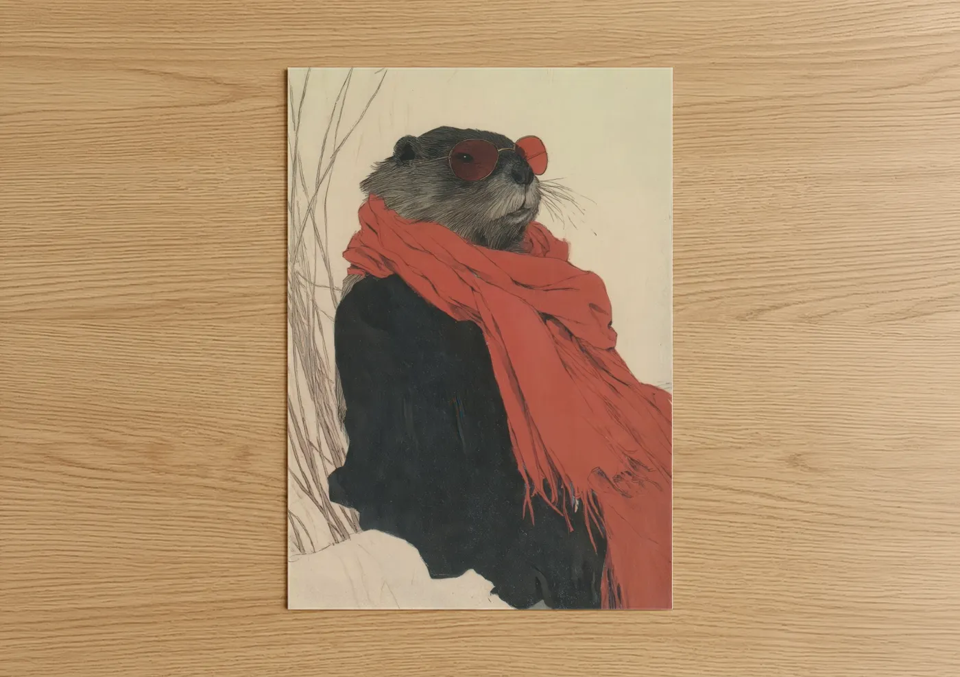 Stylish Beaver With Red Scarf Illustration Wall Art