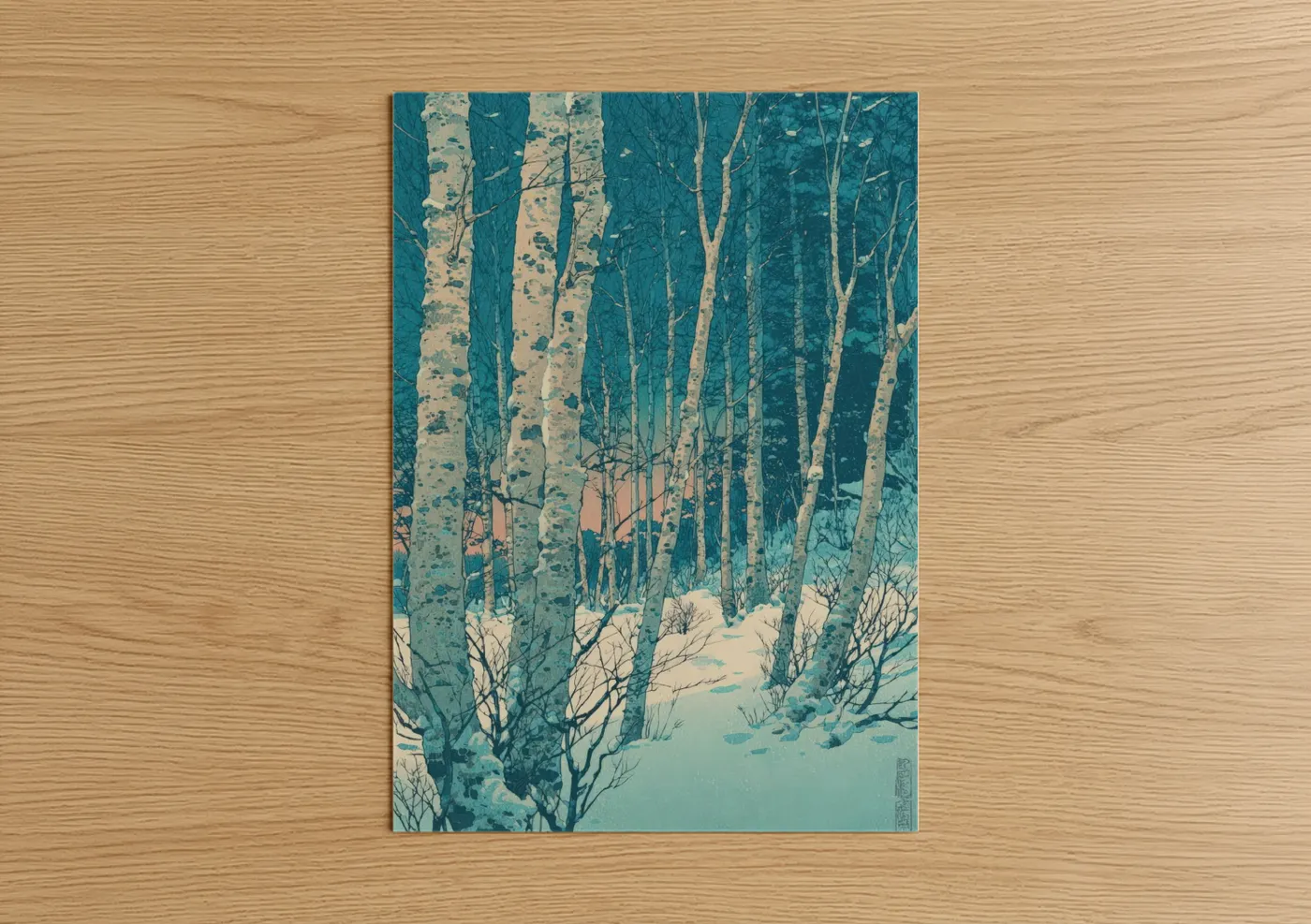 Birch tree art print on warm oak wood — teal and cream palette — Snowy Birch Forest poster