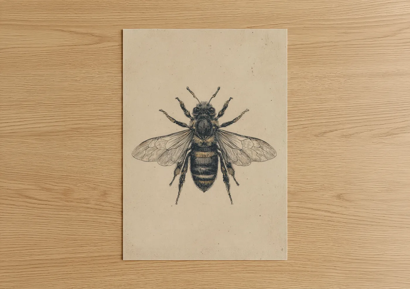 Art print on warm oak wood — beige and black and white palette — Honeybee Botanical poster