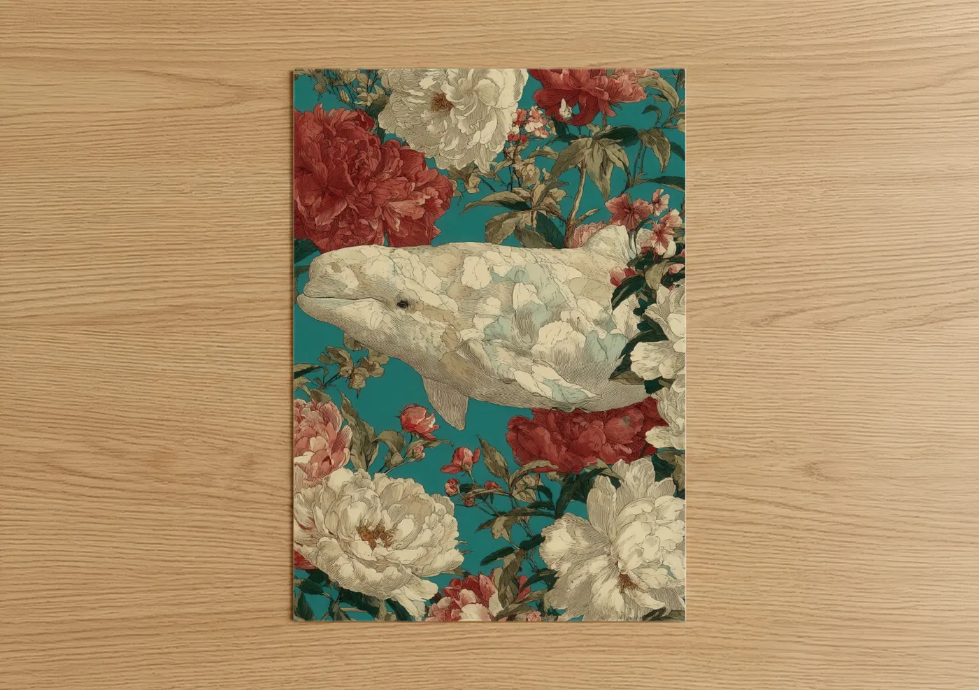Floral Beluga Whale Turquoise Wall Art