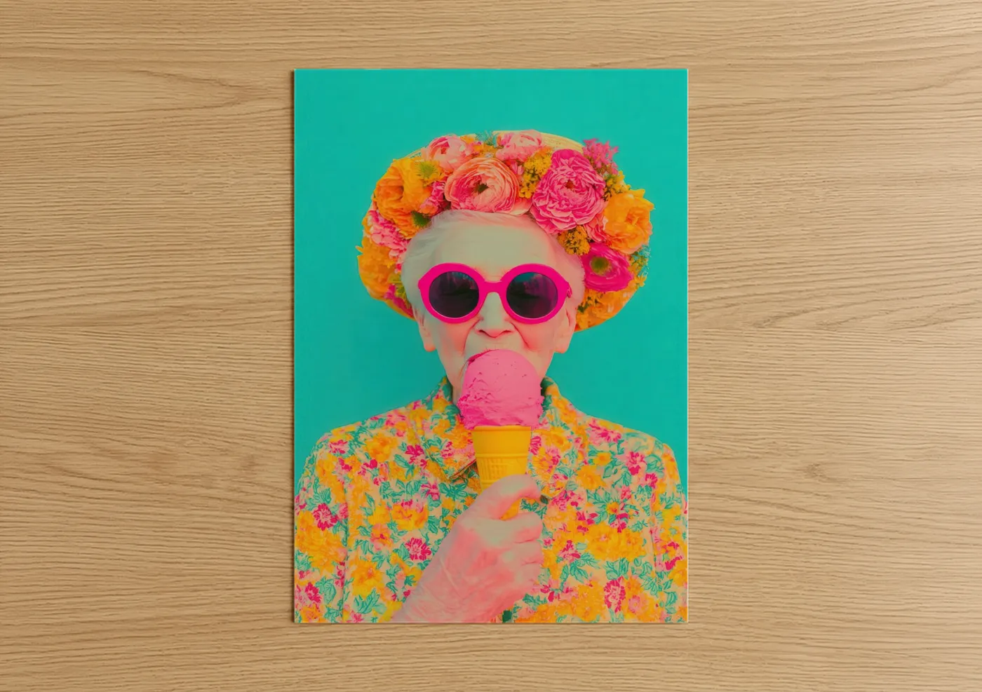 Fashion photography art print on warm oak wood — magenta and orange palette — Floral Pop Portrait poster