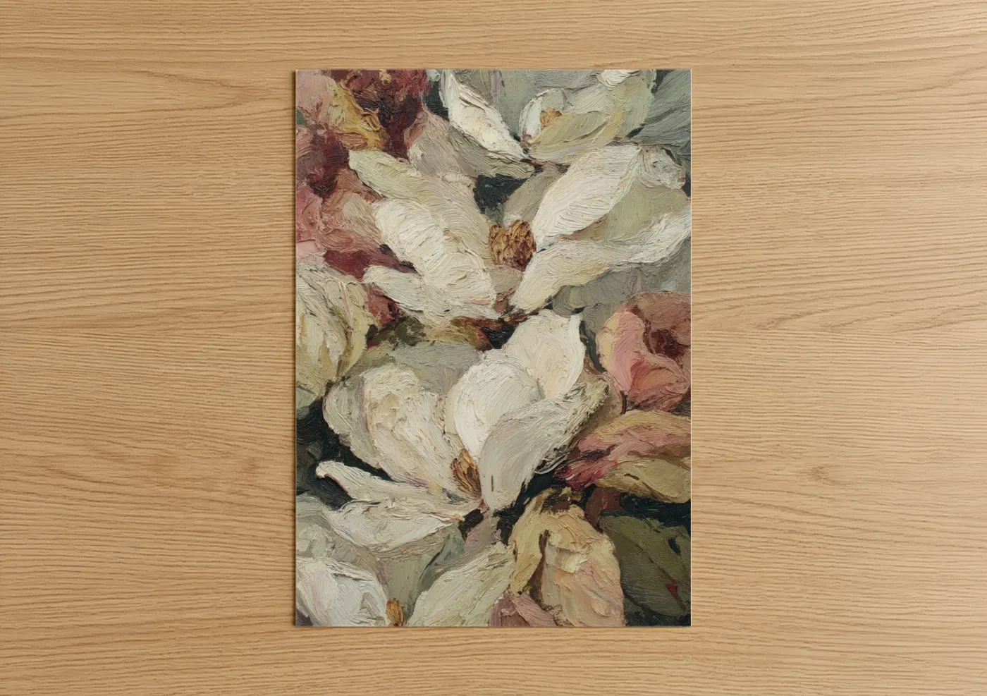 Art print on warm oak wood — cream and maroon palette — Ivory Magnolia Cluster poster