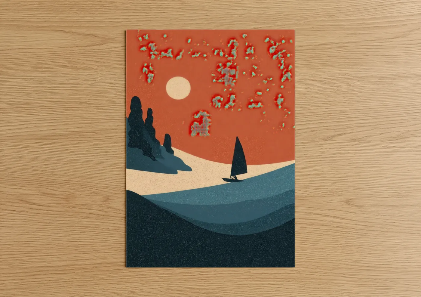 Windsurfing art print on warm oak wood — russet and teal palette — Desert Windsurfer poster