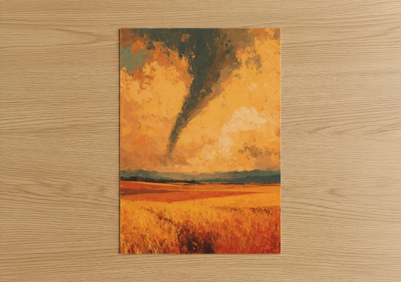 Art print on warm oak wood — orange and gold palette — Crimson Tornado poster