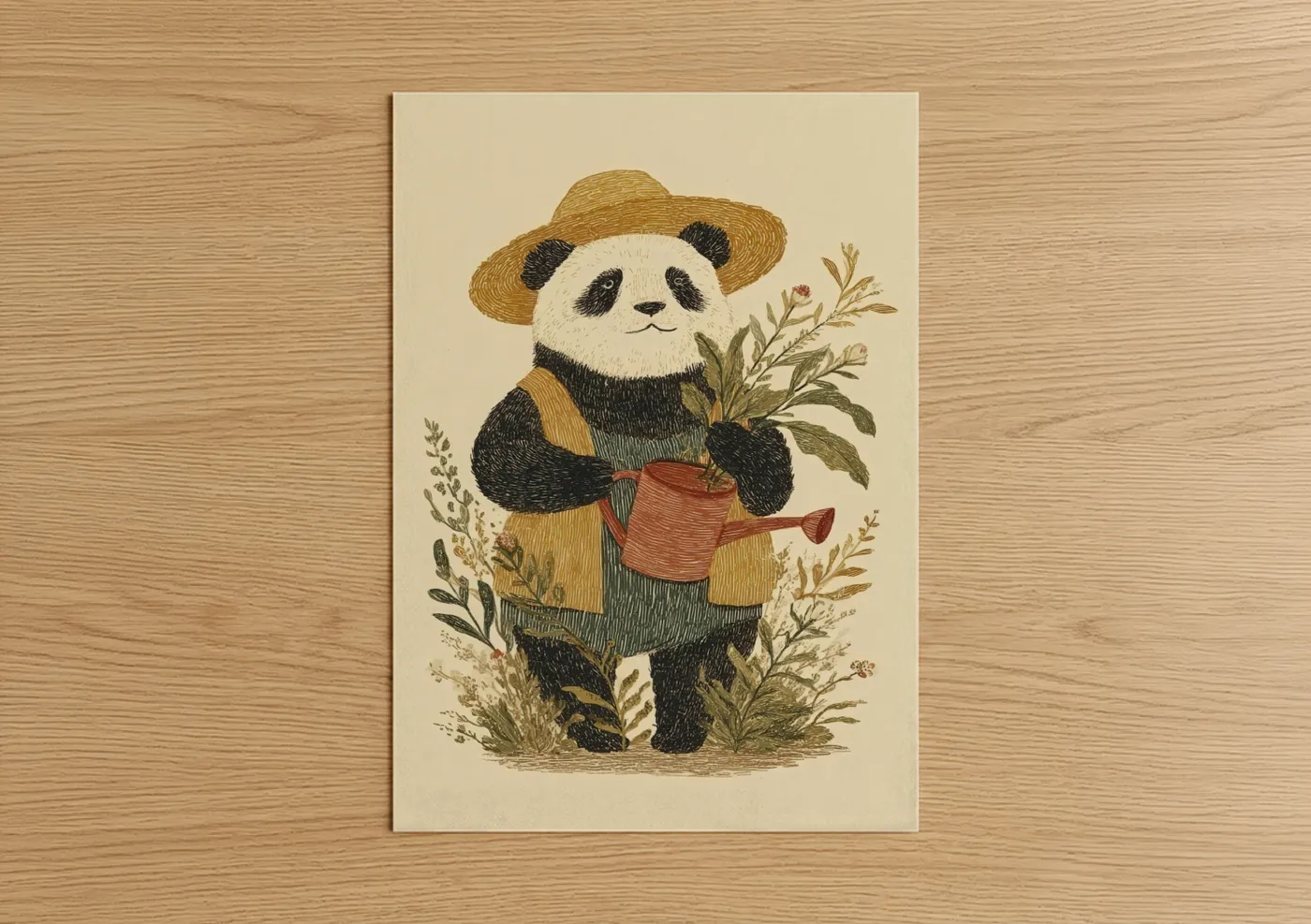 Gardening Panda Vintage Illustration Wall Art