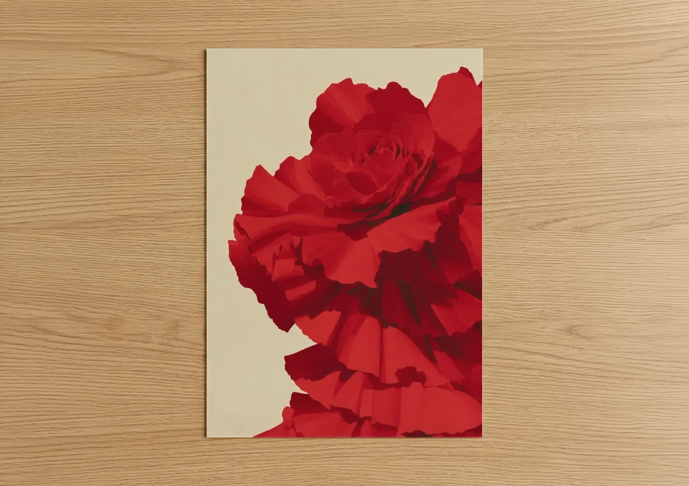 Art print on warm oak wood — red and cream palette — Crimson Flamenco poster
