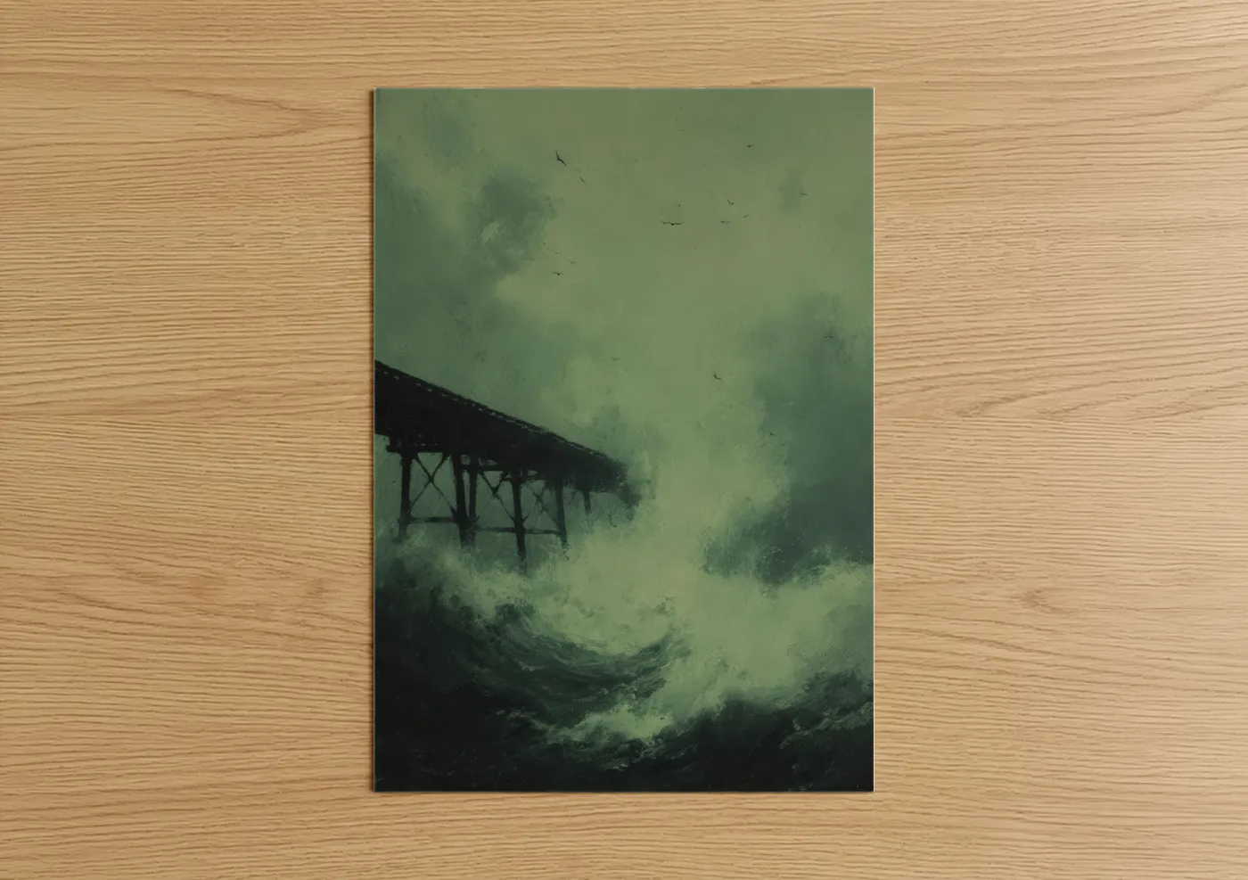 Docks and piers art print on warm oak wood — sage green and black palette — Stormy Pier poster