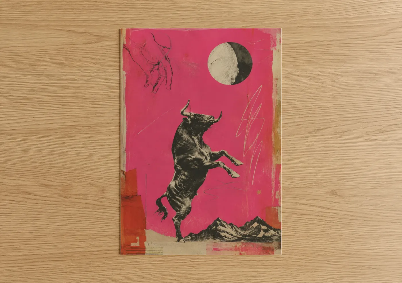 Art print on warm oak wood — pink and black and white palette — Surreal Bull Mountain Landscape Wall Art poster