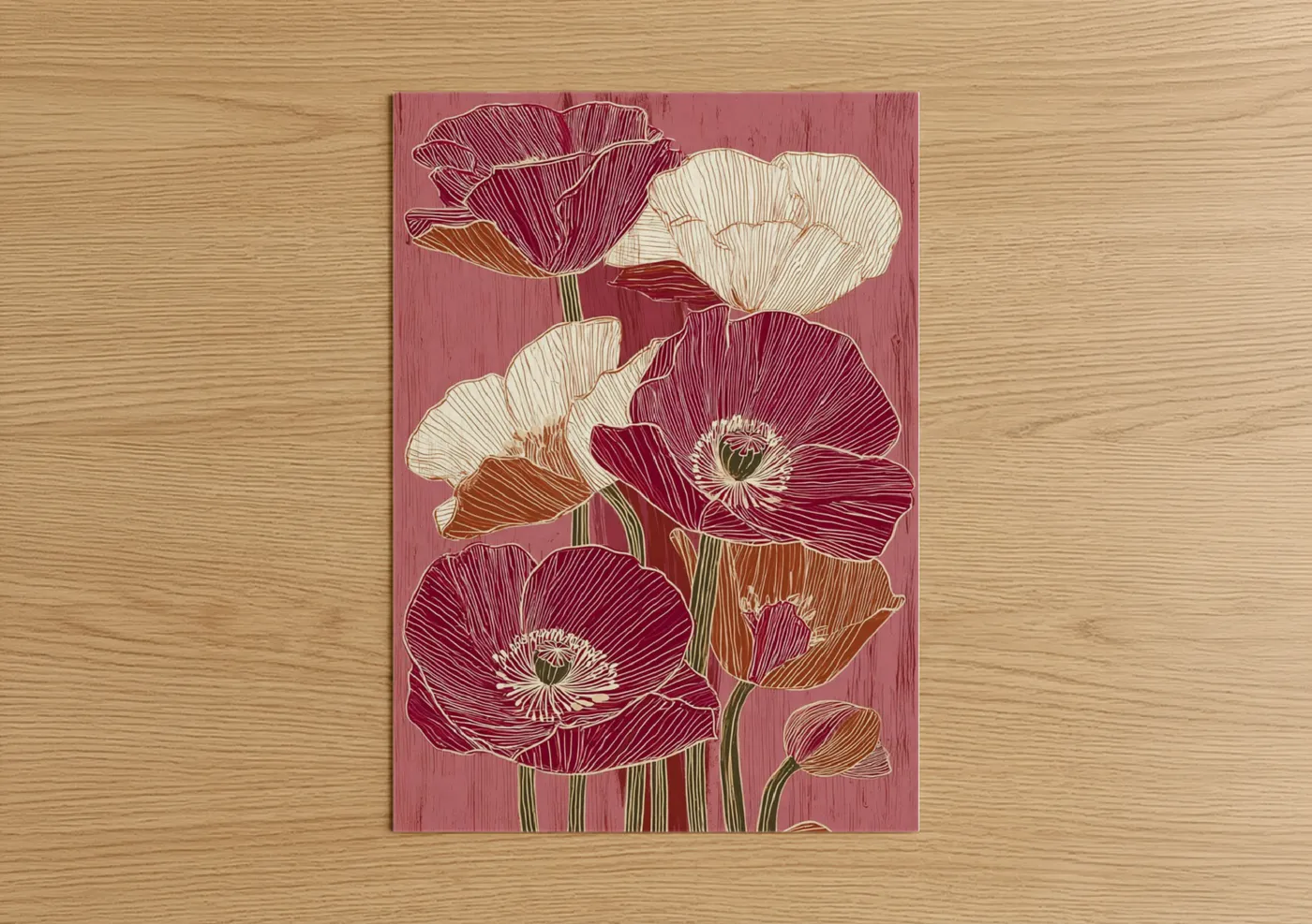 Art print on warm oak wood — maroon and cream palette — Lined Poppies poster