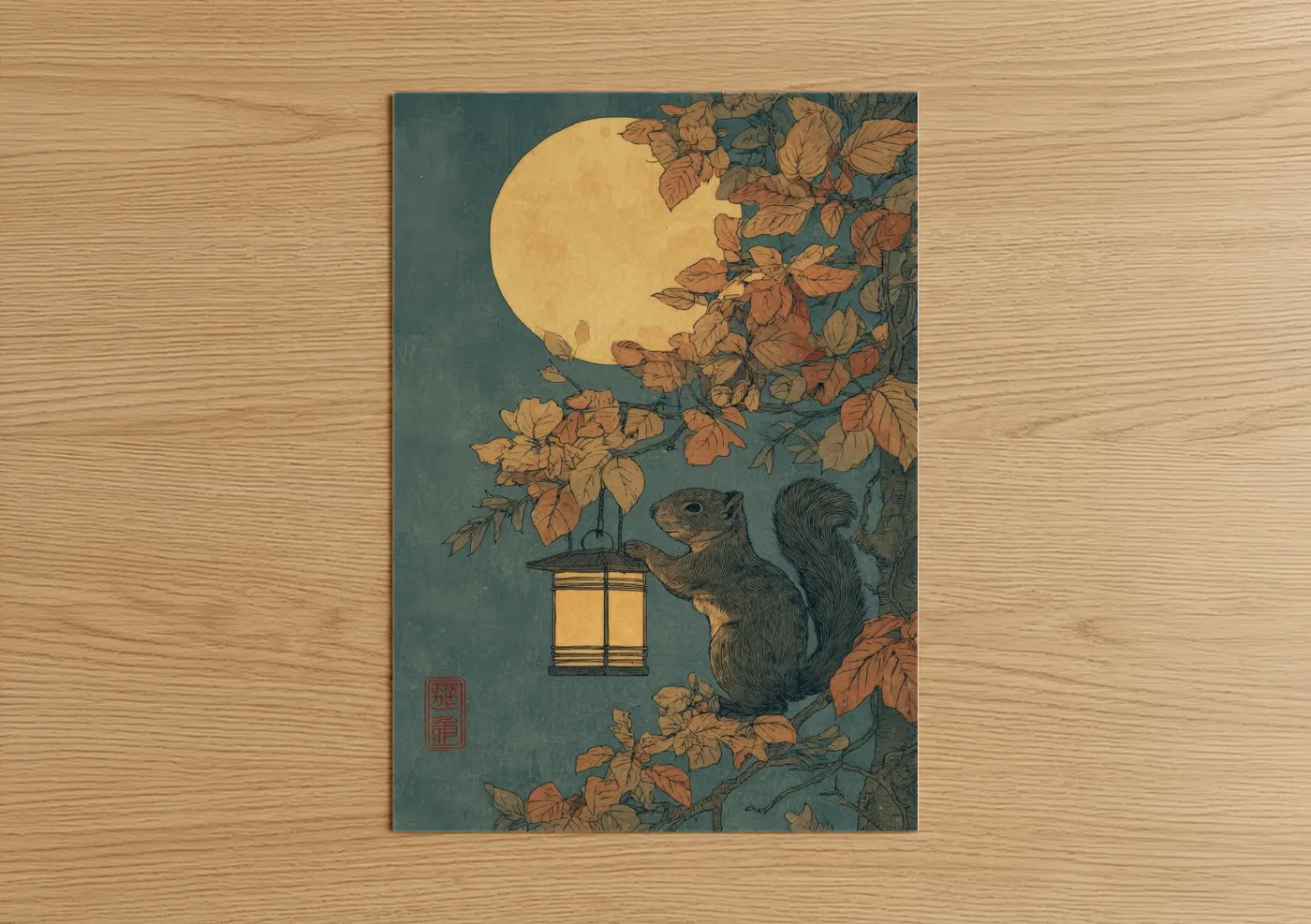 Art print on warm oak wood — gold and teal palette — Moonlit Squirrel poster