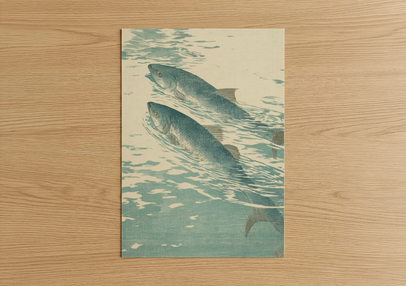 Seafood art print on warm oak wood — teal and cream palette — Swimming Salmon Pair poster