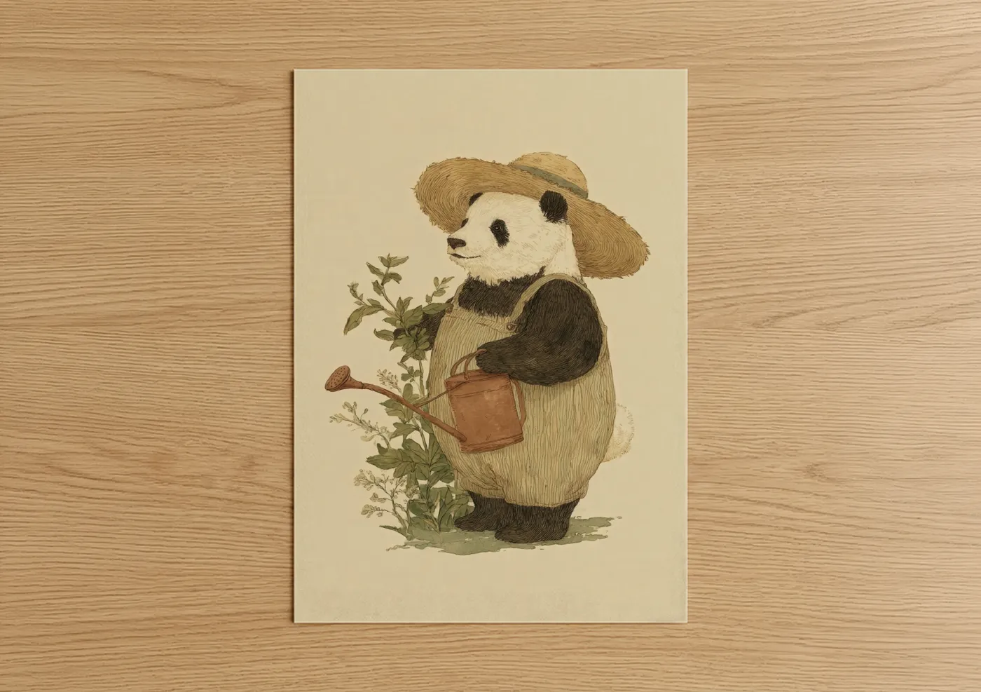 Gardening Panda Illustration Straw Hat Wall Art