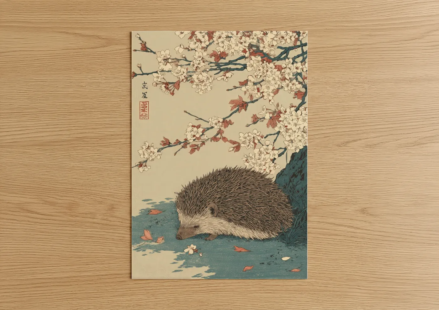 Art print on warm oak wood — cream and teal palette — Cherry Blossom Hedgehog poster