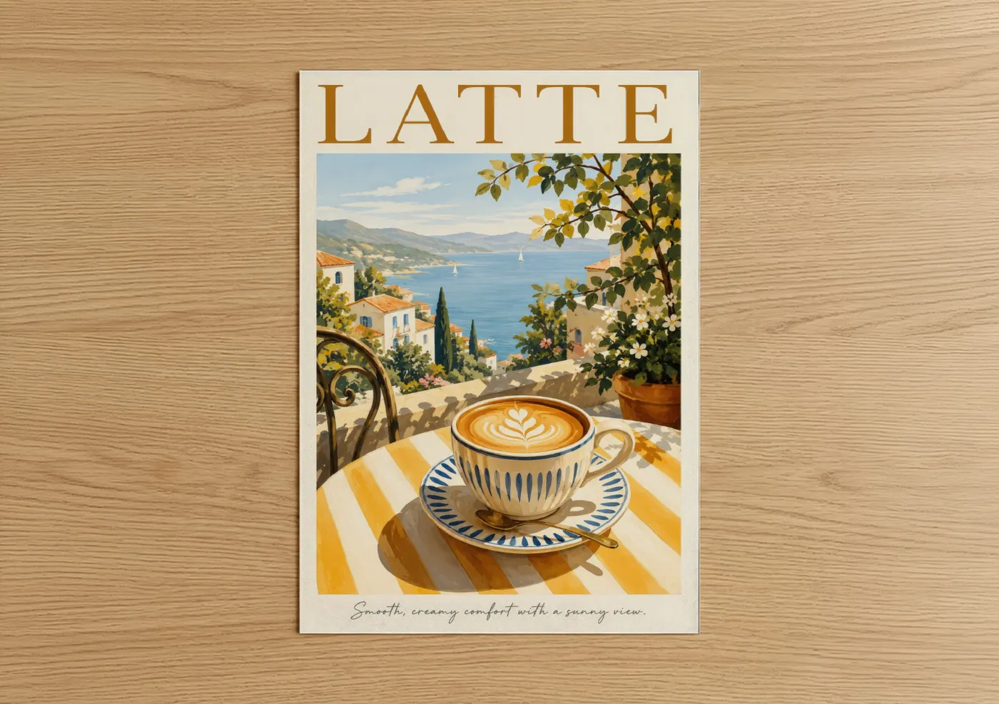 Art print on warm oak wood — gold and blue palette — Mediterranean Coffee Terrace Wall Art poster