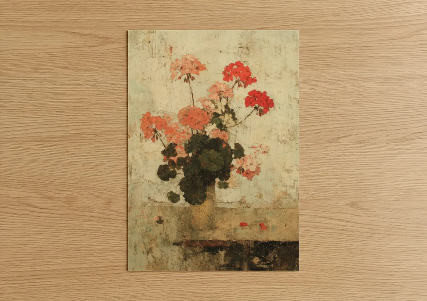 Art print on warm oak wood — cream and red palette — Geranium Floral Arrangement poster