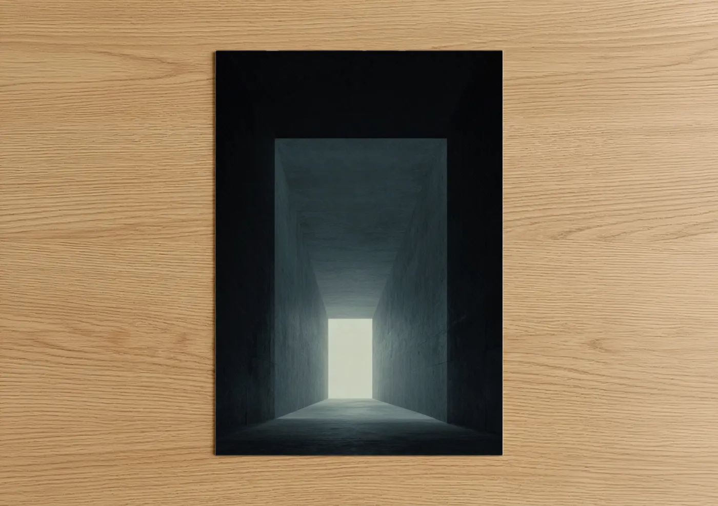 Art print on warm oak wood — gray and white palette — Light Tunnel poster