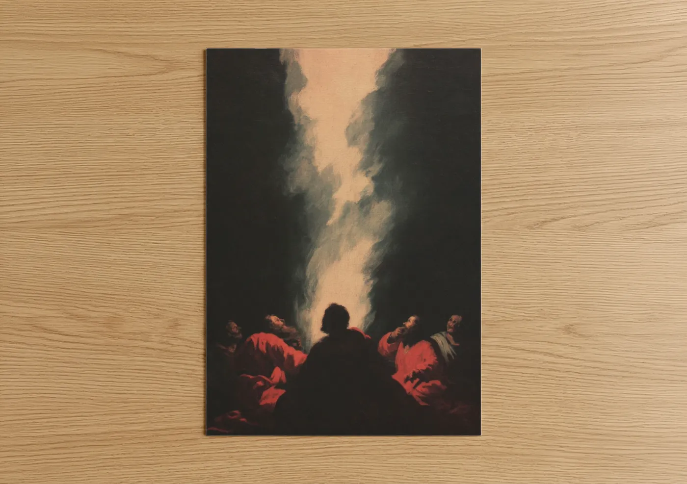 Art print on warm oak wood — gold and black palette — Divine Pentecost poster