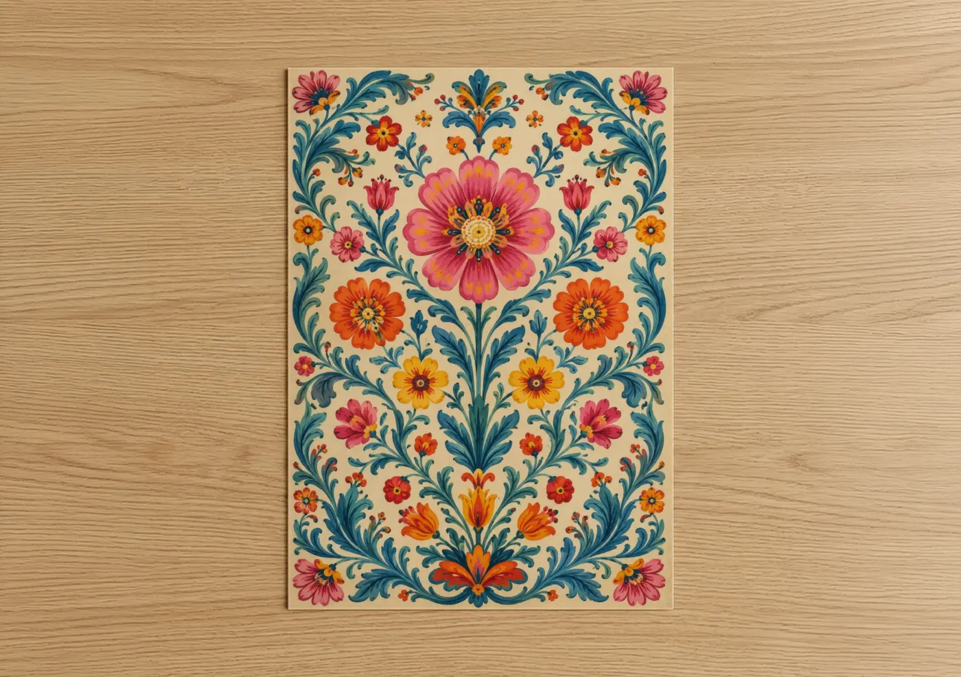 Flower art print on warm oak wood — pink and orange palette — Vintage Floral Medallion Wall Art poster