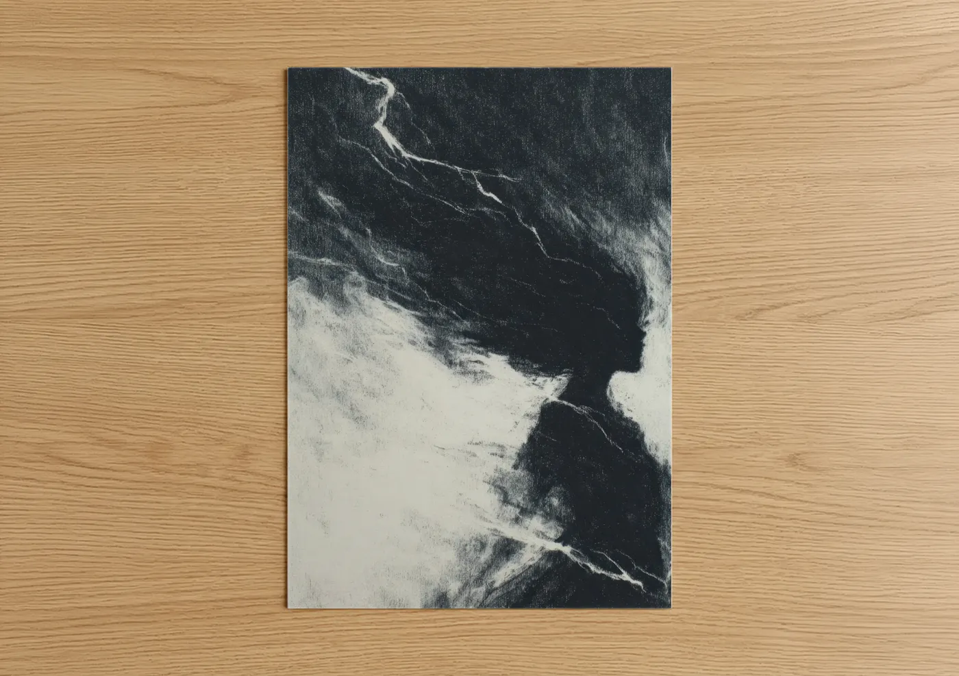 Hair art print on warm oak wood — black and white palette — Windswept Flow poster