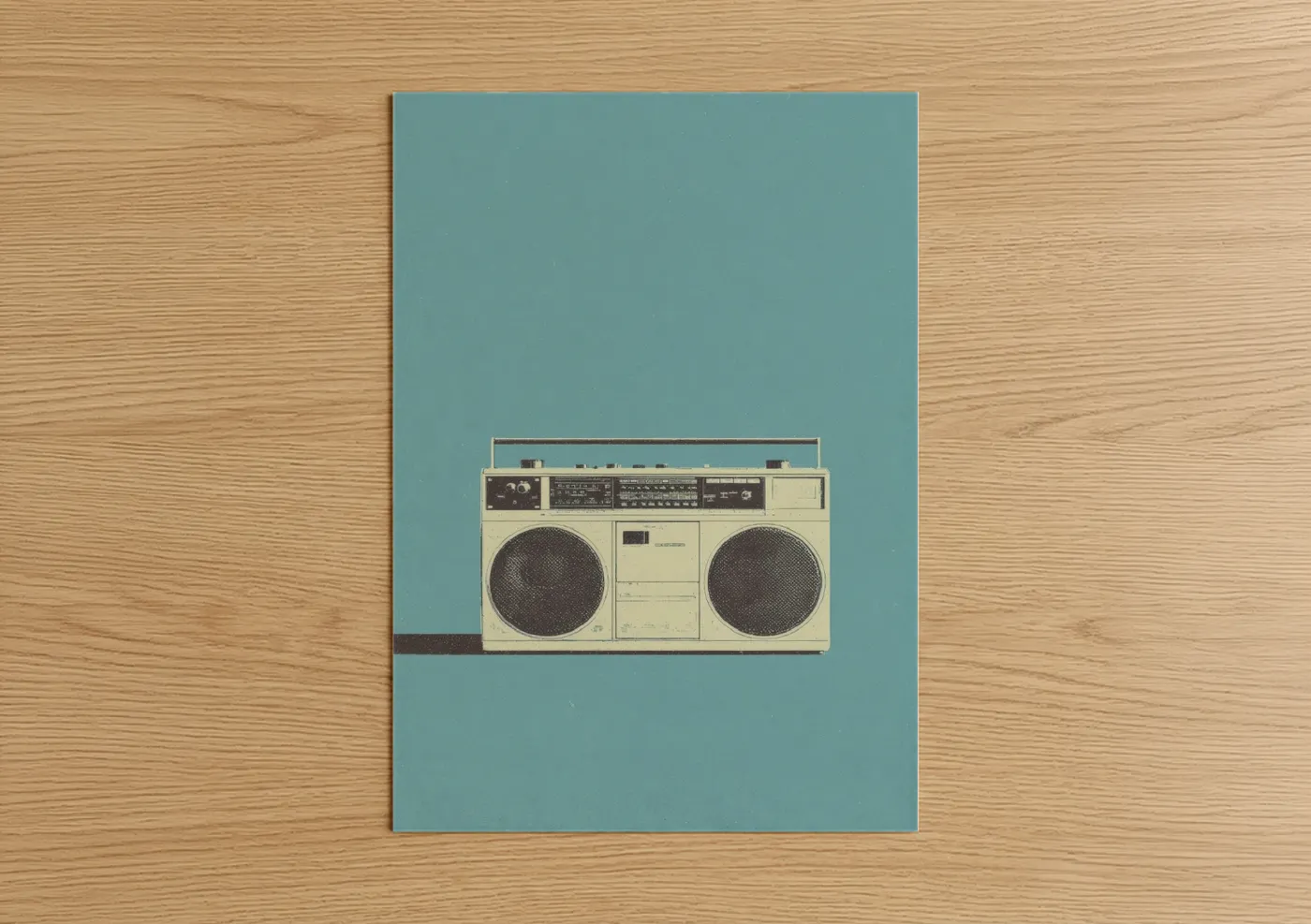Art print on warm oak wood — cream and bermuda gray palette — Retro Cream Boombox poster